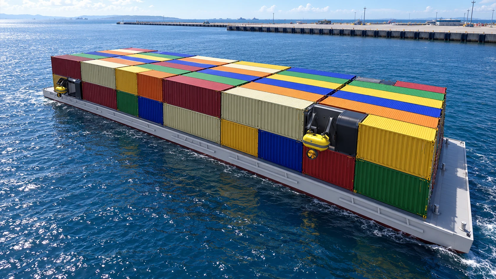 Container barge with Towbot thrusters