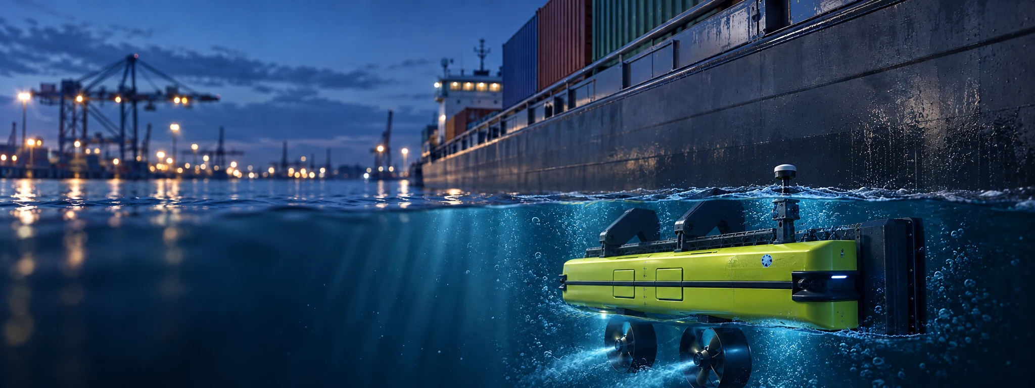 Towbot concept submerged beside a cargo vessel, with twin propellers visible below the yellow hull